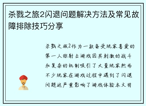 杀戮之旅2闪退问题解决方法及常见故障排除技巧分享